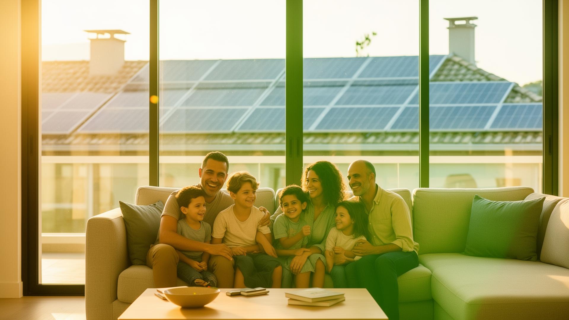 Família aproveitando energia solar limpa em casa